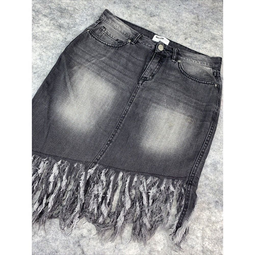 William Rast Denim Skirt 27 Black Cotton Long Fringe Asymmetric Hem Stretch Rock